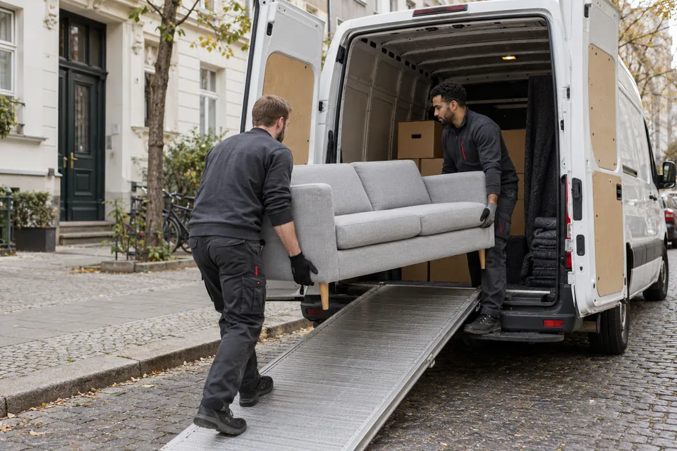 Zwei Personen verladen ein graues Sofa über eine Rampe in einen weißen Transporter.
