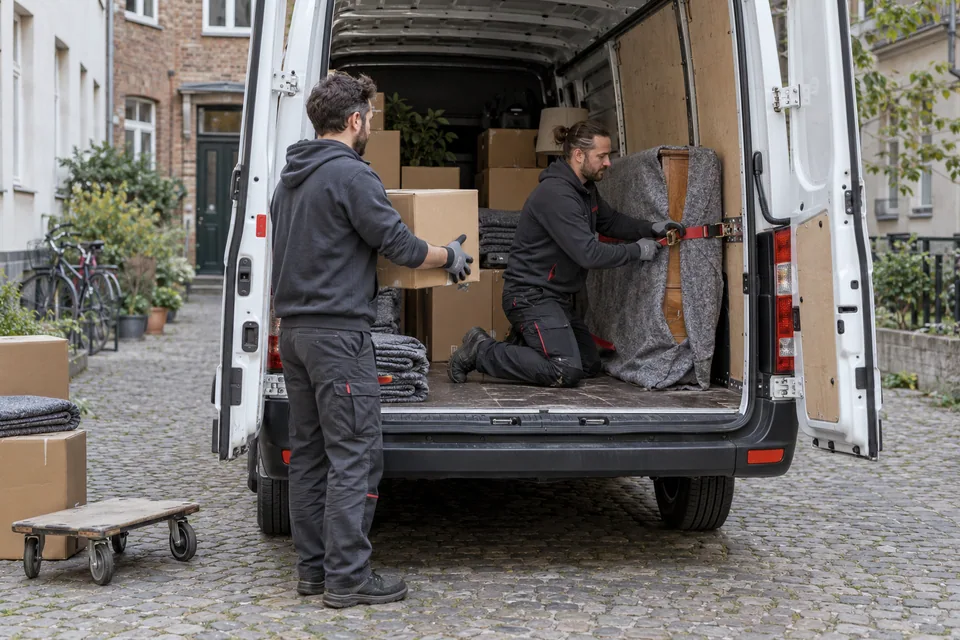Zwei Personen beladen einen Transporter mit Kartons und sichern ein mit Decken geschütztes Möbelstück.