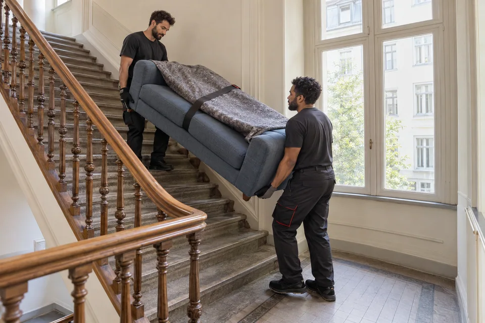 Zwei Personen tragen ein mit einer Decke geschütztes Sofa eine Altbautreppe hinunter.